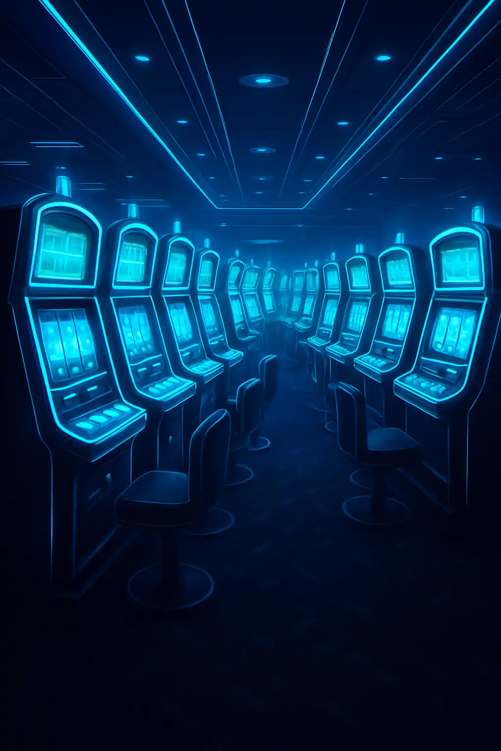 Rows of glowing slot machines inside a futuristic casino hall